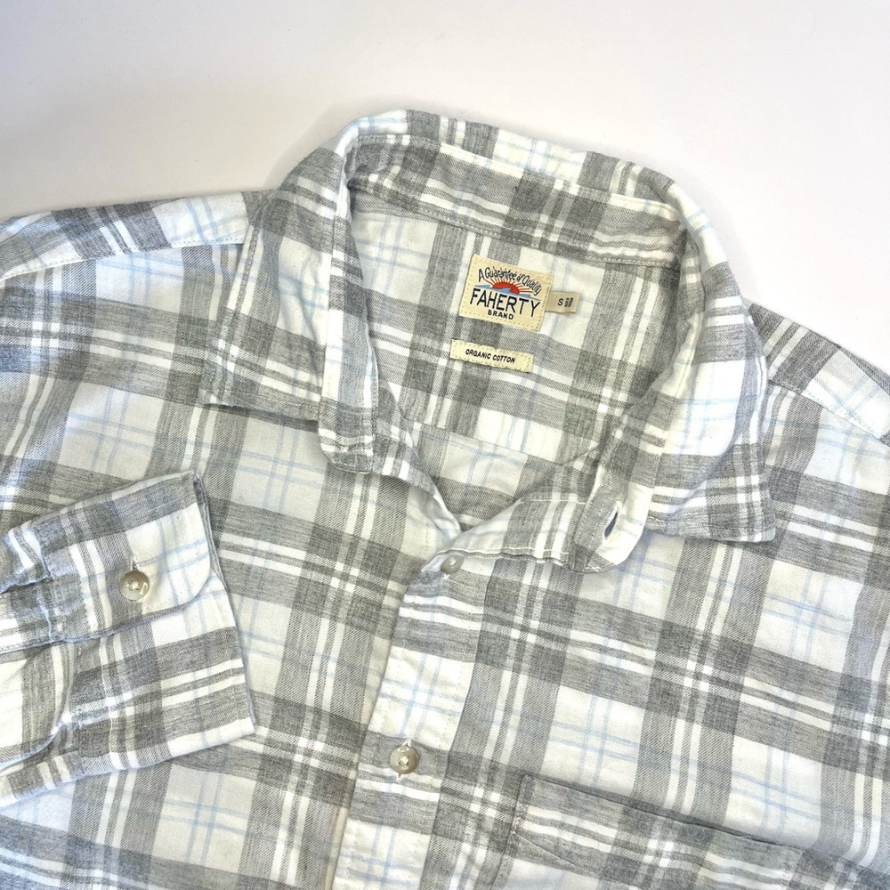 Faherty Brand Shirt Mens Size S Gray White Plaid Organic Cotton Flannel
